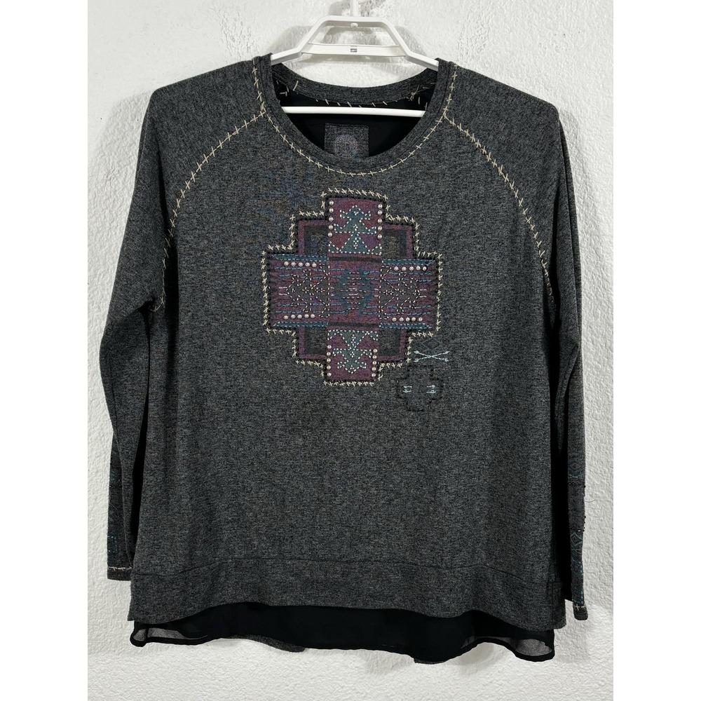 Double D Ranch Sweater Womens Large Gray Embroidered Beaded Split Back Western